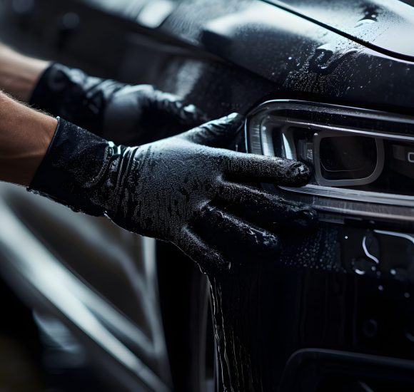 mechanic hands wearing black gloves, giving thick foam wash with a sponge to car, in a modern garage